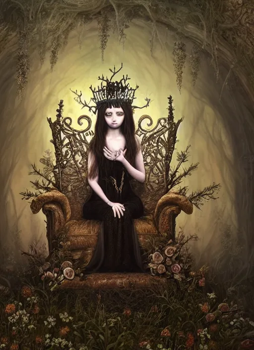 Prompt: highly detailed closeup, simple hand gestures, portrait of a gothic fairy princess wearing a crown and sitting on a throne, unreal engine, nicoletta ceccoli, mark ryden, earl norem, lostfish, global illumination, god rays, detailed and intricate environment