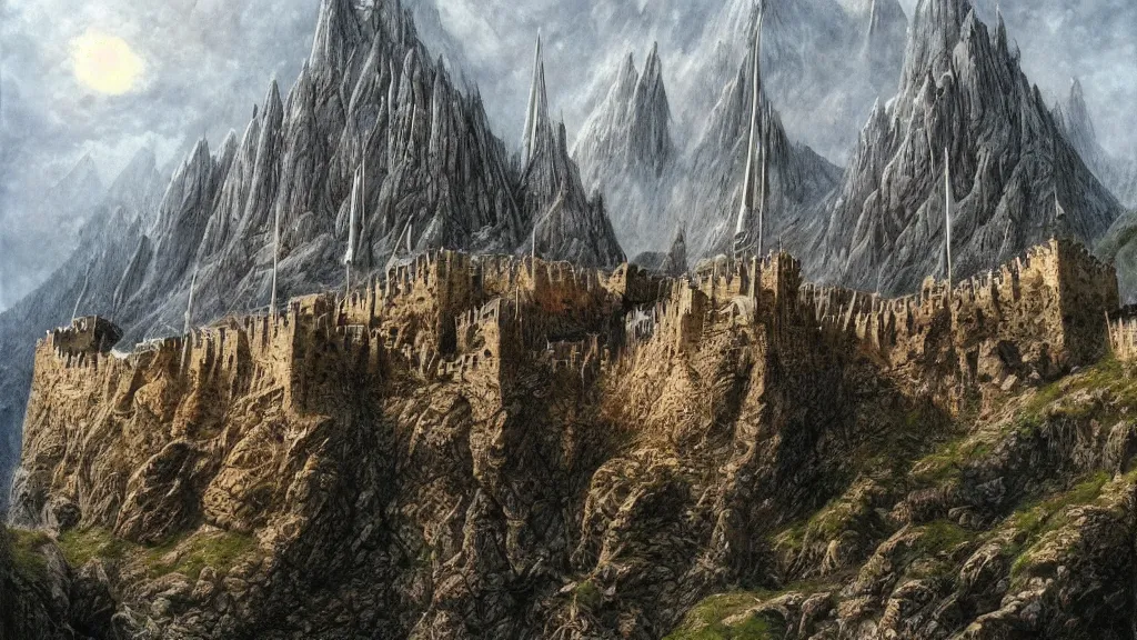 Prompt: beautiful helms deep, by alan lee, intricate, lord of the rings calendar, smooth, detailed terrain, oil painting, high detail, trending artstation, concept art, matte painting