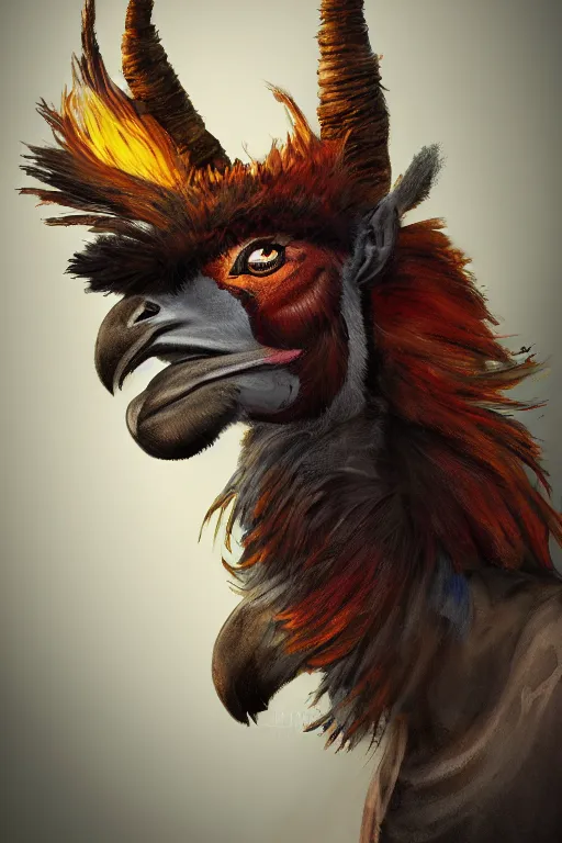 Image similar to portrait of an Anthro llama warrior, digital art, illustration, Unreal Engine, Concept Art, Proportional, magical, Navajo-Inspired, Stylized, Sun Conure, Strong Pose, wingless, head and shoulders, fierce eyes staring at the camera