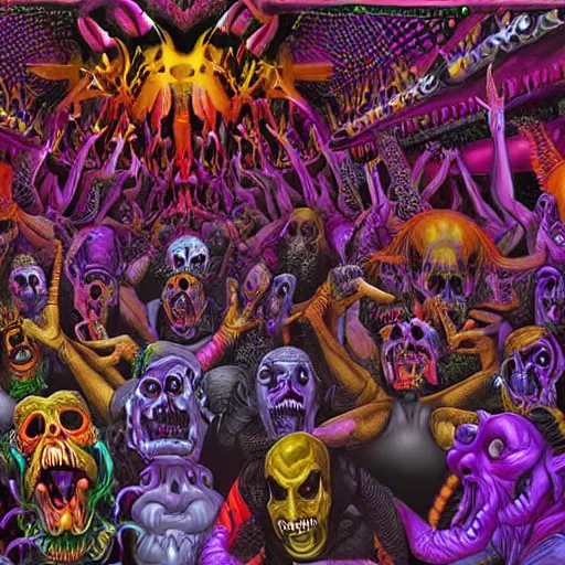 Image similar to digital painting of demons in rave party in hell by Chor Boogie, intricate details, ultra detailed, 4K, award-winning, touch of M. C. Escher