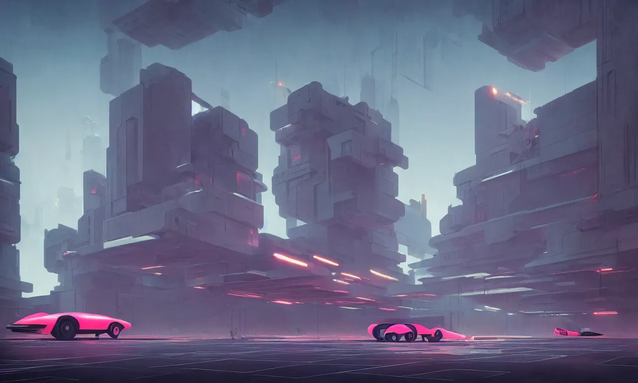 Image similar to simple brutalist architecture, colorful neon lighting, flying vehicles, greg rutkowski, syd mead, ralph mcquarrie, concept art, matte painting, highly detailed, rule of thirds, dynamic lighting, cinematic, detailed, denoised, centered