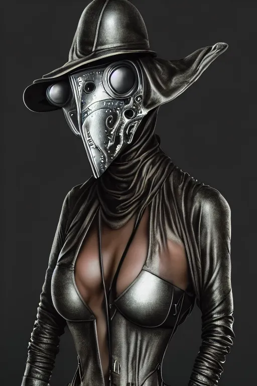 Image similar to 3 / 4 stunning photorealistic portrait of a female plague doctor in a kowloon! cyberpunk cityscape, bioluminescent biomechanical bodysuit, fractal acid rain, dark fantasy, by artgerm and sorayama and alphonse mucha, ultrarealistic, hyperdetailed, trending on artstation, octane render