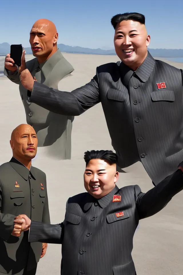 Image similar to selfie of dwayne the rock johnson and kim jong - un, pyongyang, 8 k resolution