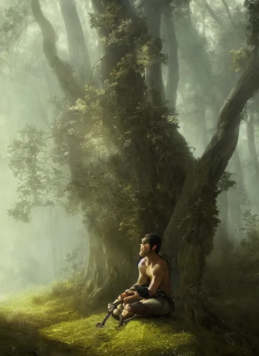 Image similar to sun wukong sitting alone in the melancholy forest. andreas achenbach, artgerm, mikko lagerstedt, zack snyder, tokujin yoshioka