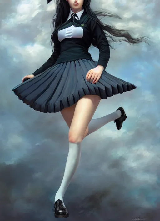 Image similar to a beautiful woman with school uniform, seifuku, pleated miniskirt, overknee socks, adriana lima, painted by artgerm and tom bagshaw, fantasy art, dramatic lighting, highly detailed oil painting, volumetric lighting