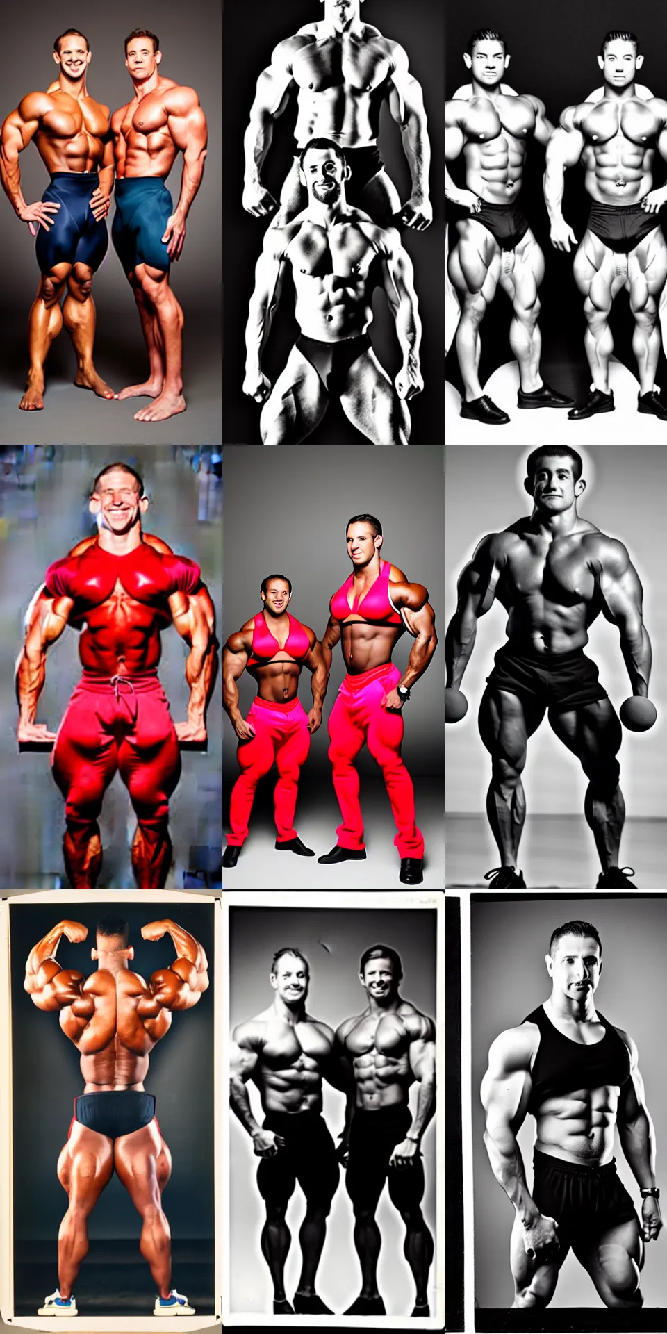 Prompt: medium shot, studio photographic portrait of body builders wearing tight space uniforms