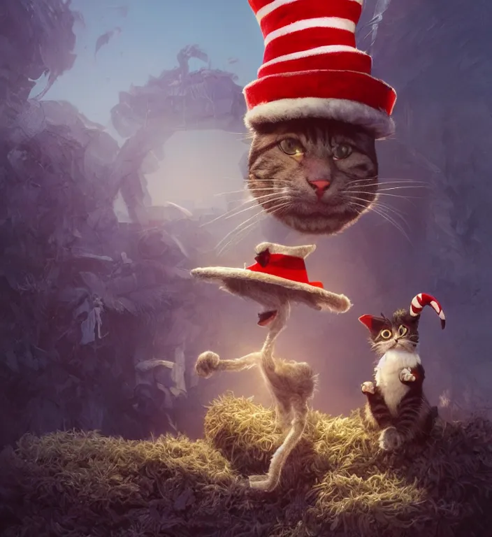 Image similar to complex 3 d render, hyper detailed, ultra sharp, of the cat in the hat, scary, cinematic, natural soft light, rim light, octane render, art by greg rutkowski and craig mullins and artgerm, dr seuss