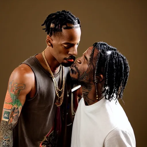 Prompt: studio photo of jesus kissing travis scott, studio portrait