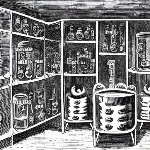 Image similar to real photo of lovecraftian secret cellar with aliens in jars and operating table