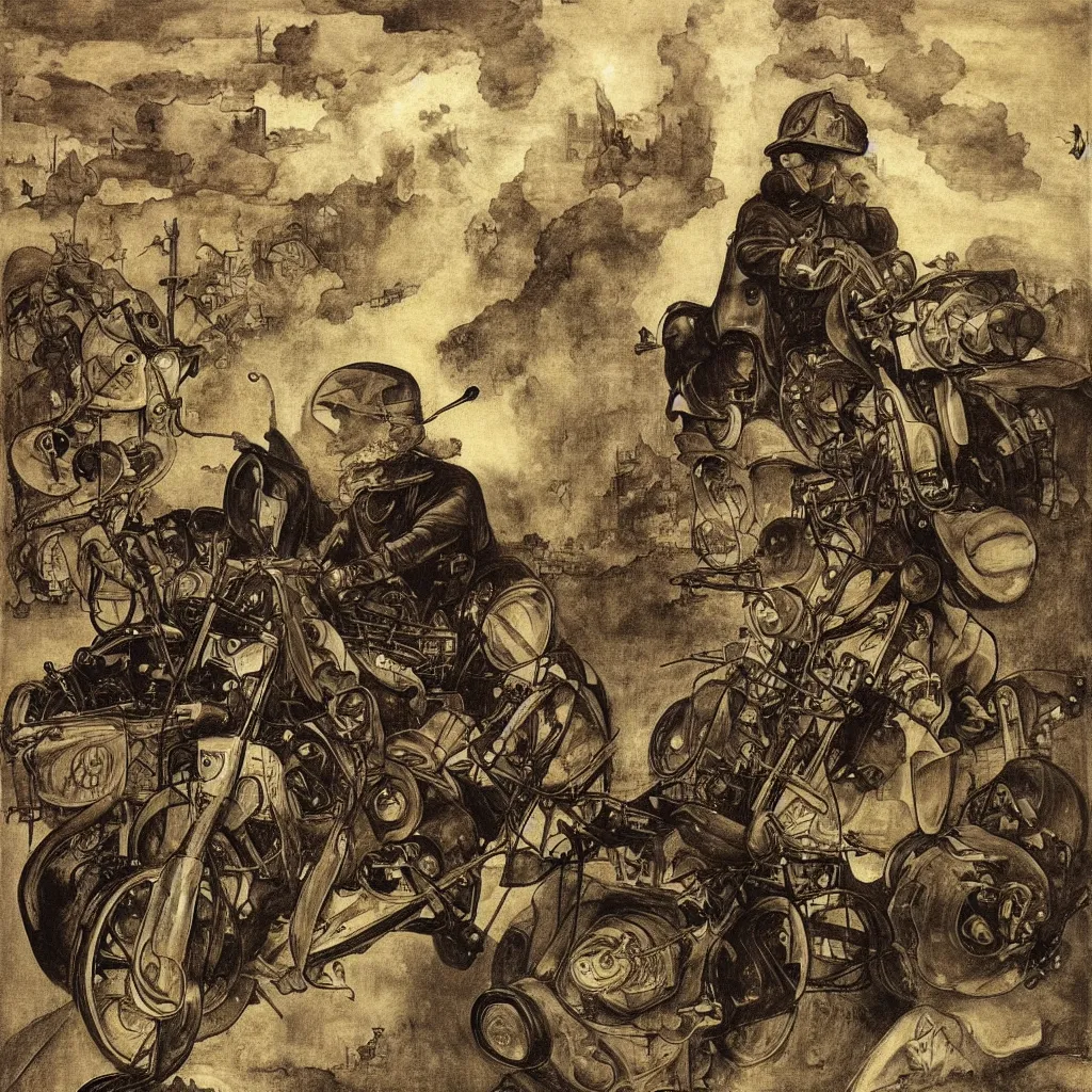 Prompt: a city in the clouds, one raised road leaving the city curving towards viewer with one motorcycle with headlight on man riding motorcycle wearing leather jacket and black helmet, by hieronymus bosch and alphonse mucha