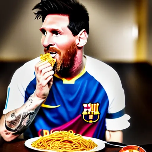 Image similar to lionel messi eating spaghetti, depth of field, photography, isometric, wide shot, studio, bokeh, gmaster,, kodak, sony, canon