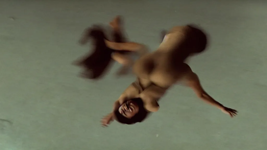 Image similar to a woman in a plank position free falling through the air, film still from the movie directed by Denis Villeneuve with art direction by Salvador Dalí, wide lens