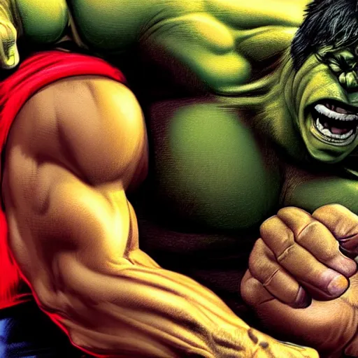 Prompt: hulk punching a bear in the face, hyper realism, 4 k