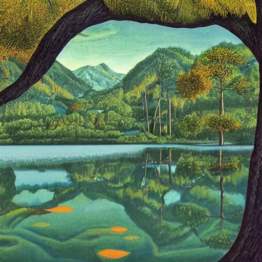 Image similar to escher painting of a lake, big trees reflecting on lake surface, ultra sharp, ultra detailed, colorized by salvador