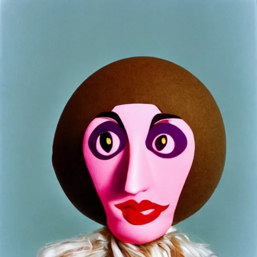 Prompt: glamorous woman with an inflatable spherical prosthetic nose, circular cardboard cartoon eyes, 1 9 7 2, color, chantal akerman, medium - shot 1 6 mm film, interior