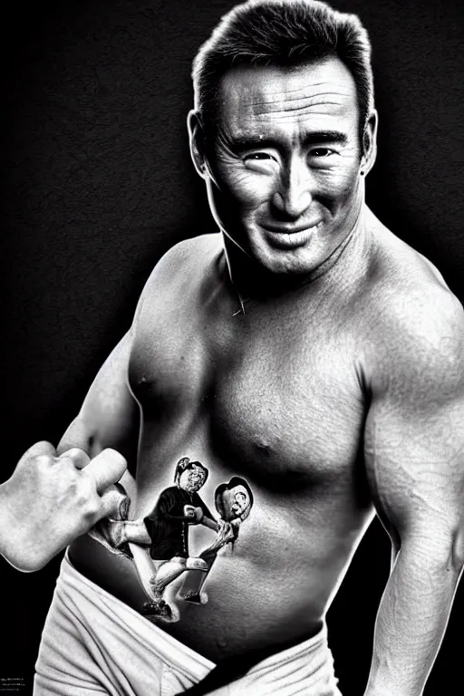 Image similar to hyperrealism billy herrington as north korean kim chen photography in style of alejandro jodorowsky and giger and araki nobuyoshi