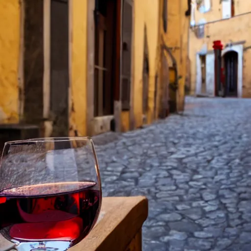 Prompt: A glass of red wine on a table in a deserted town in Tuscany.