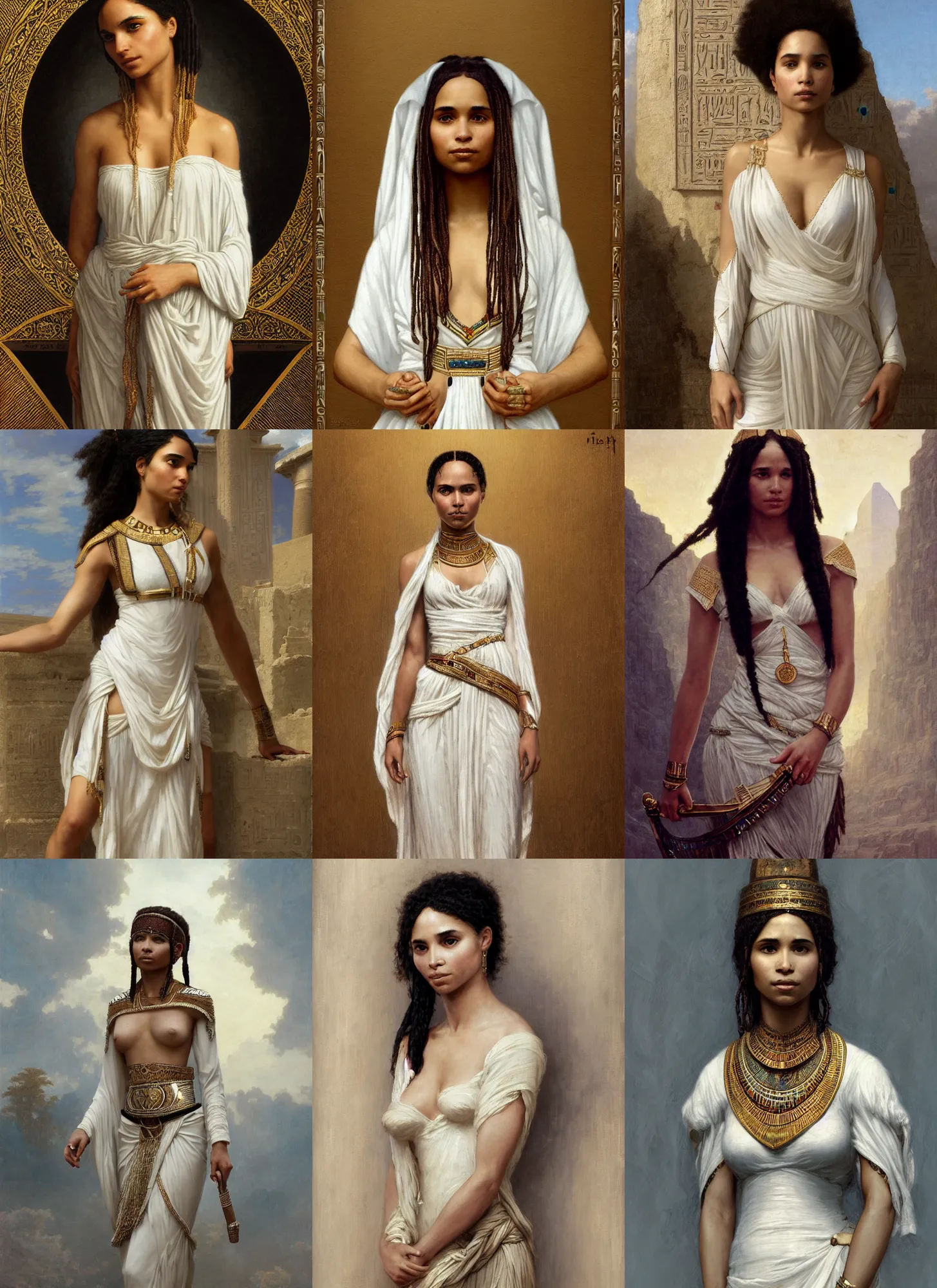 Prompt: zoe kravitz portrait ancient egyptian, white dress, intricate, elegant, highly detailed, digital painting, artstation, concept art, sharp focus, illustration, orientalism, edwin long, theodore ralli, aleksi briclot, rutkowski, bouguereau