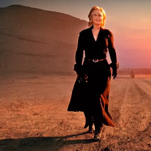 Prompt: meryl streep stars in a gunslinger spaghetti western, movie still, dramatic lighting, sunset