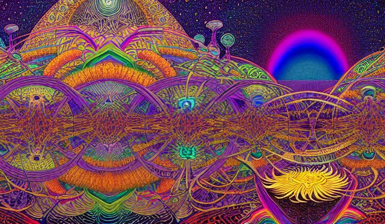 Prompt: an expansive rendering of beautiful and complex interwoven spiritual connection between all beings by dan mumford, by jim fitzpatrick, by joe wilson, by jim burns, by victo ngai, by jacek yerka, surrounded with colorful magic mushrooms and rainbowcolored marihuana leaves, insanely integrate, featured on deviant art, trending on artstation