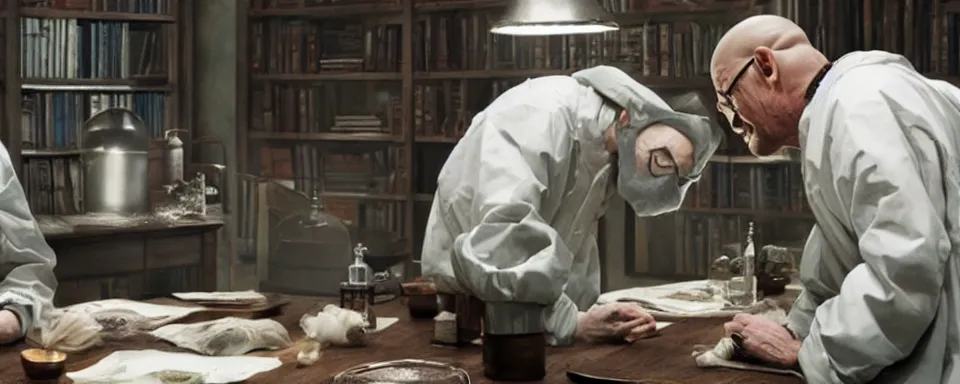 Image similar to walter white teaching harry potter to cook meth, hd, photorealistic, cinematic