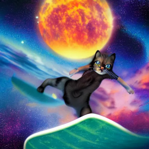 Image similar to A catgirl surfing through the magnificent nebula