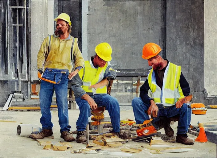 Prompt: construction workers enjoy their lunch break, art by thomas anshutz and paul cadmus and george quaintance
