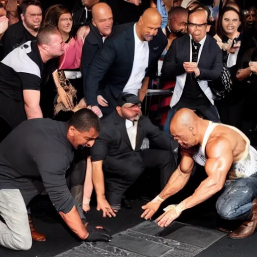 Prompt: people bowing down to dwayne johnson