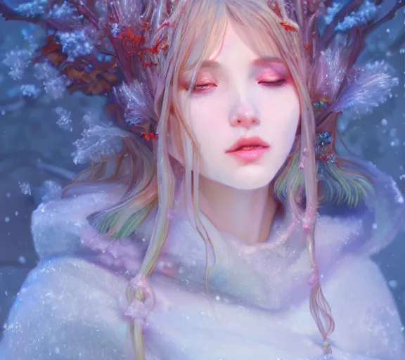 Prompt: beautiful ancient frost witch, pastel fire in eye, snow glow, pool party, highly detailed, digital painting, artstation, sharp focus, illustration, art by tan zi and ayanamikodon and alphonse mucha and wlop