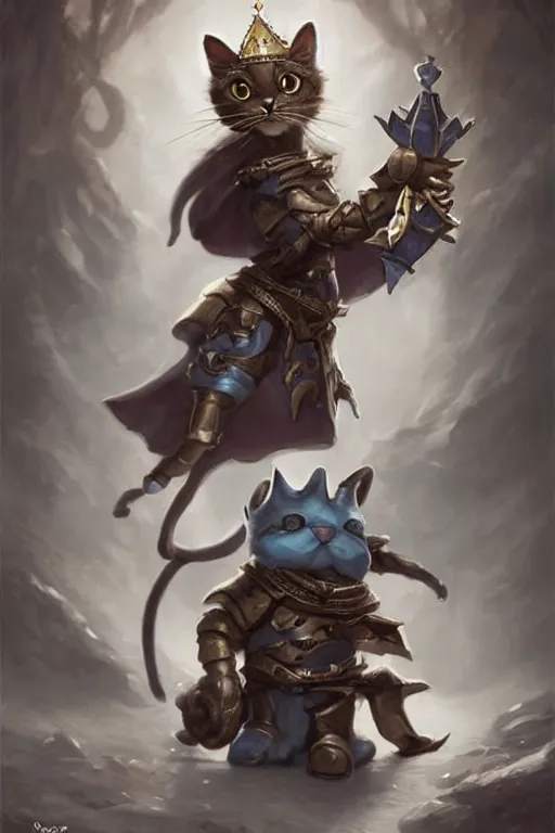 Image similar to cute little anthropomorphic cat knight wearing a cape and a crown, tiny, small, miniature cat , baby animal, short, pale blue armor, cute and adorable, pretty, beautiful, DnD character art portrait, matte fantasy painting, DeviantArt Artstation, by Jason Felix by Steve Argyle by Tyler Jacobson by Peter Mohrbacher, cinematic lighting