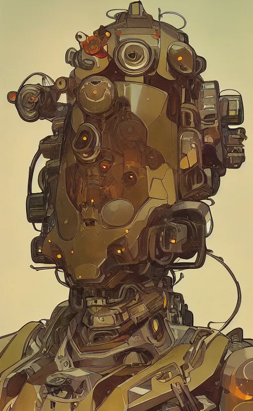 Prompt: upper half portrait of army mecha robot, art by alphonse mucha, highly detailed, digital painting, concept art, illustration, smooth sharp focus, intricate, symmetry, artstation, colourful,