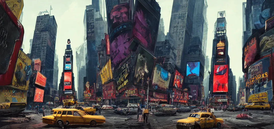 Prompt: fallout new york times square concept art, vibrant colors, 8 k photorealistic, hd, high details, trending on artstation