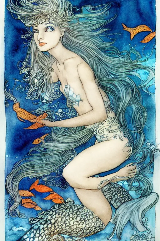 Prompt: mermaid face closeup surrounded by goldfish, art by luis royo and walter crane and kay nielsen, watercolor illustration, ultra sharp focus