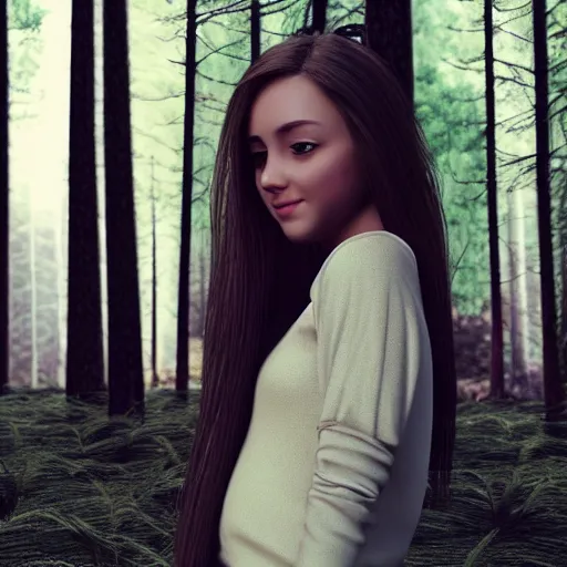 Image similar to real life photo of a beautiful girl, full body photoshoot, long brown hair, brown eyes, full round face, short smile, belly free, brown clothes, forest setting, cinematic lightning, medium shot, mid - shot, highly detailed, trending on artstation, unreal engine 4 k, 8 0 mm, 8 5 mm, cinematic wallpaper