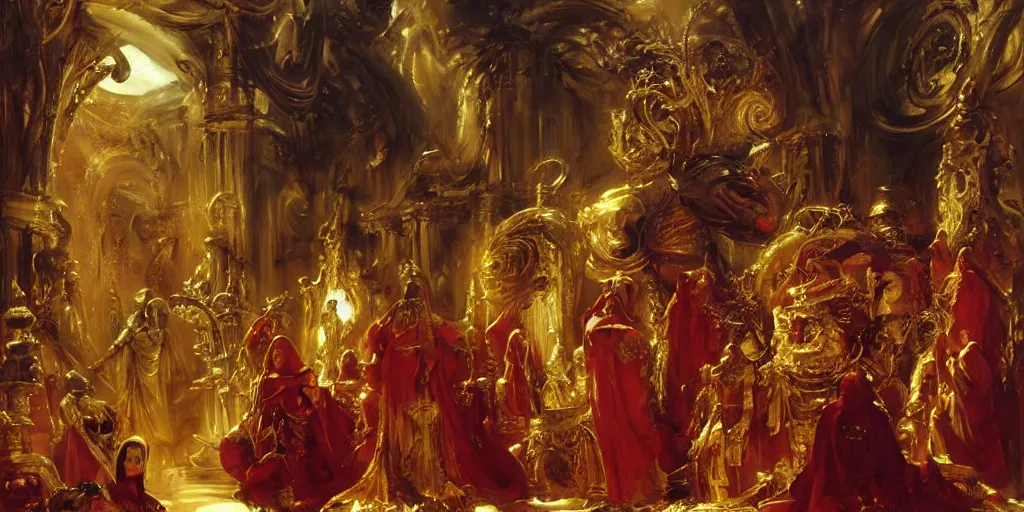 Image similar to beautiful oil painting, high details, alien in royal crimson robes enthroned as the alien god emperor of ancient civilization surrounded by servants in gilded halls a golden wreath upon his head, by anders zorn, wonderful masterpiece by greg rutkowski, beautiful cinematic light, american romanticism, by giger, rolf armstrong, ernie barnes