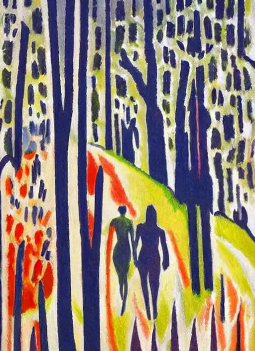 Prompt: silhouetted figures in the night enshrouded in an impressionist representation of Mother Nature and the meaning of life by Sonia Delaunay and Igor Scherbakov, the figures cast their shadows on the still water, abstract colorful lake garden at night, the moon reflects in the water, thick visible brush strokes, figure painting by Anthony Cudahy and Rae Klein, vintage postcard illustration, minimalist cover art by Mitchell Hooks