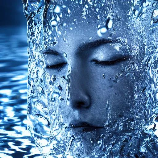 Prompt: water splashes forming a shape of a human head, water manipulation art, ray tracing, realistic water sharp focus, long shot, 8 k resolution, cinematic