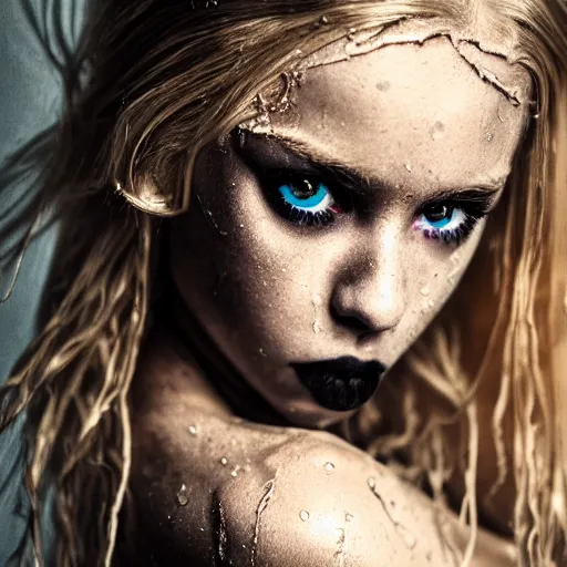 Image similar to A gorgeous blonde, grungy, unkept hair, glowing eyes, modelsociety, wet from rain, radiant skin, huge anime eyes, bright on black, dramatic, studio lighting, perfect face, intricate, Sony a7R IV, symmetric balance, polarizing filter, Photolab, Lightroom, 4K, Dolby Vision, Photography Award