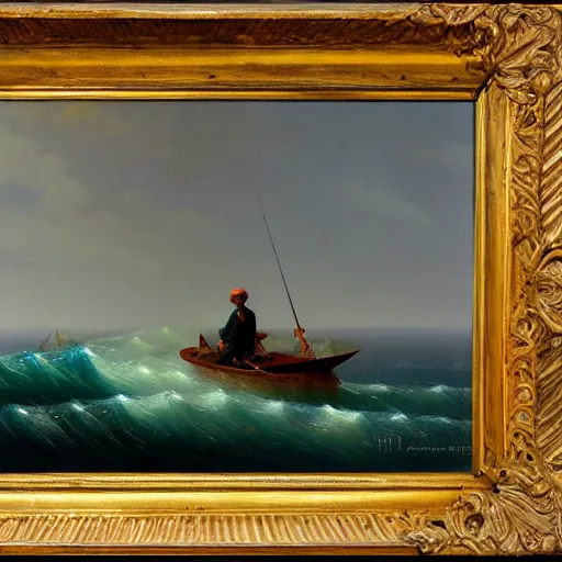 Image similar to a highly detailed painting of a man fishing on a small boat in the ocean by Ivan Aivazovsky, 4k, HD