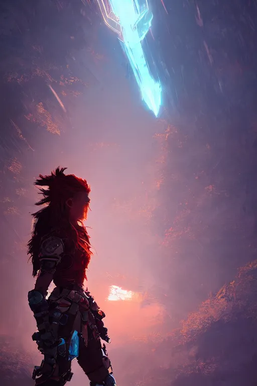 Image similar to combination suit armor aloy horizon forbidden west horizon zero dawn radiating a glowing aura global illumination ray tracing hdr fanart arstation by ian pesty and alena aenami artworks in 4 k tribal robot ninja mask helmet backpack