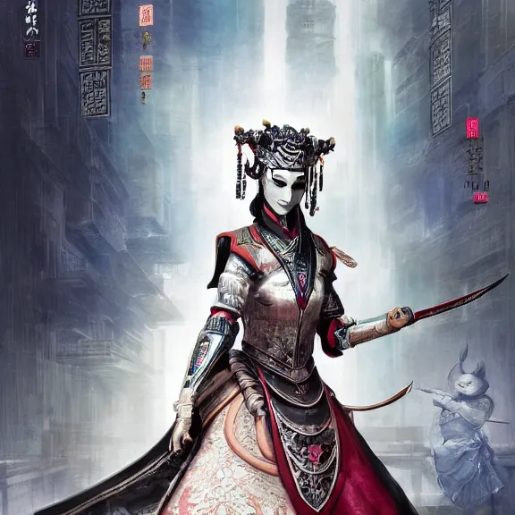 Prompt: ancient chinese princess with cyberpunk mask, dynasty warriors, elegant, unreal engine, rgb background, 8 k, silver color scheme, headshot, highly detailed, smooth, ink painting, artstation, concept art, in style of yoji shinkawa, pan ren wei, col price, atey ghailan, by greg rutkowski, aesthetic