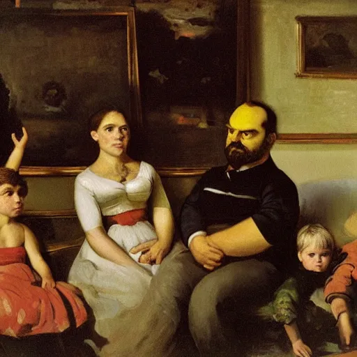 Image similar to oil on canvas painting by gustave courbet [ 1 8 6 6 ] of the simpsons as humans watching tv from their family room couch, 8 k, 4 k