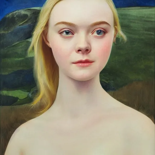 Image similar to Elle Fanning as an Android, head and shoulders masterpiece, oil on canvas, golden hour, in the world of Andrew Wyeth and Bosch, artstation, by J. C. Leyendecker and Peter Paul Rubens,