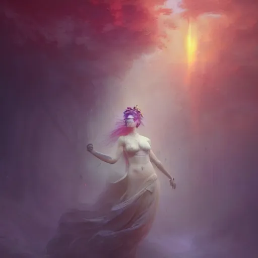 Prompt: cinematic shot epic portrait an flower goddess, glowing eyes, sweaty skin, wet pink flowing hair, flower blurry backround, broad light, ambient occlusion, volumetric light effect, made by ivan aivazovsky, peter mohrbacher, greg rutkowski, matte painting, trending on artstation, 4 k, perfectly defined features, digital painting,