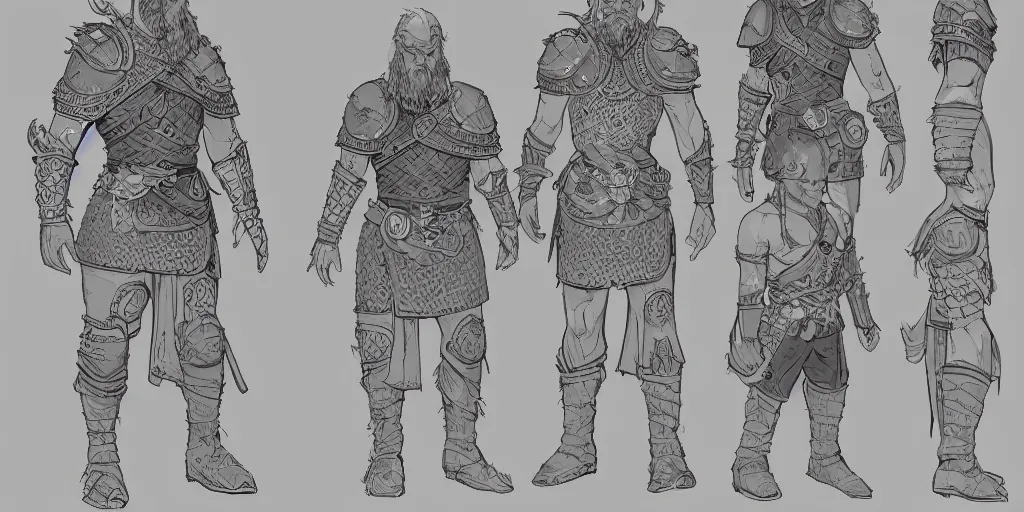 Image similar to colour concept art character sheet, viking in armour, trending on artstation, intricate high - details