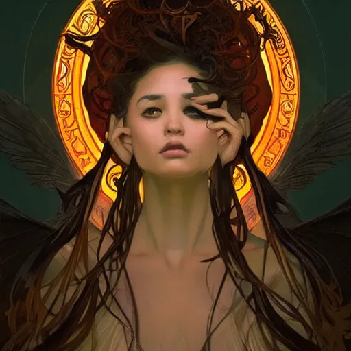 Image similar to A portrait of A beautiful!!!! angel in black flames by Ross Tran!! and alphonse mucha and greg rutkowski and Zdzisław Beksiński!!,In style of digital art illustration.Symmetry.Beautiful features.Fantasy,smooth,hyper detailed,sharp focus,Soft light.trending on artstation.4k