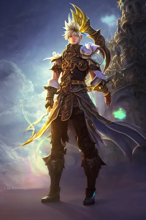 Image similar to fullbody portrait of a male fit hero with strange hairs, soft smile, baroque cloth, final fantasy, league of legends champion, strong iridescent light, by chengwei pan and sakimichan, gradient white to gold, in front of a magical building background, highly detailed portrait, digital painting, smooth, focus illustration