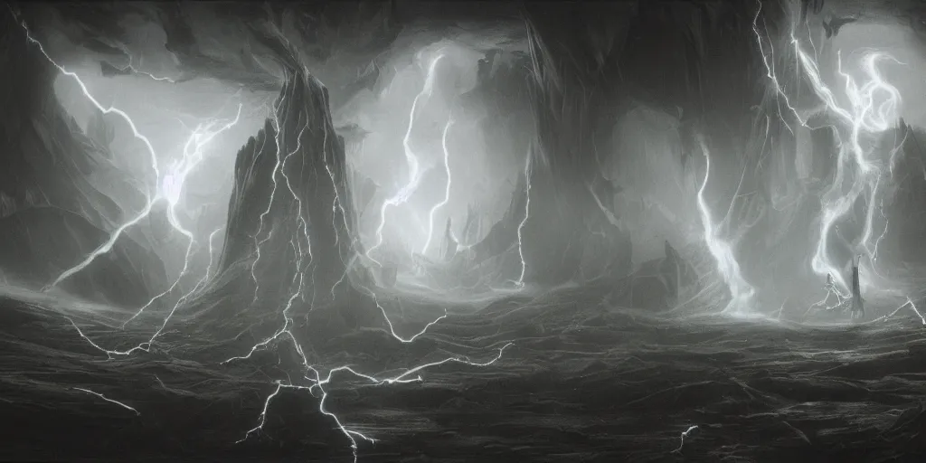 Image similar to maelstrom, gehenna, chaos, the world without form and void, wide shot of a dark sith lord in a robe with electricity, amazing concept painting by Jessica Rossier and HR giger and Beksinski, 1970s film by Stanley Kubrick, iconic scene, stunning cinematography, hyper detailed, sharp, anamorphic lenses, kodak color, 4k, stunning concept art