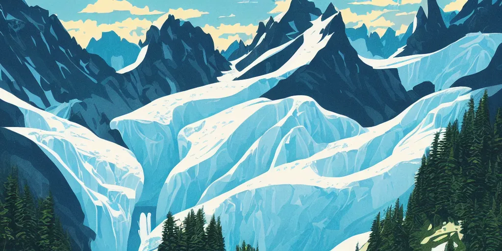 Image similar to beautiful idyllic poster illustration for a craggy ice glacier valley national park by ludwig hohlwein, ludwig hohlwein, graphic, behance, clean bold design