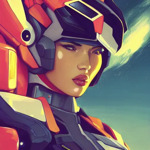 Prompt: portrait of beautiful megan fox gundam pilot, with an intricate, detailed, urban inspired hiphop afro futuristic helmet, vector behance hd jesper ejsing, rhads, makoto shinkai, lois van baarle, ilya kuvshinov, rossdraws, hd, 3 2 k, ilya kuvshinov, gustav klimt